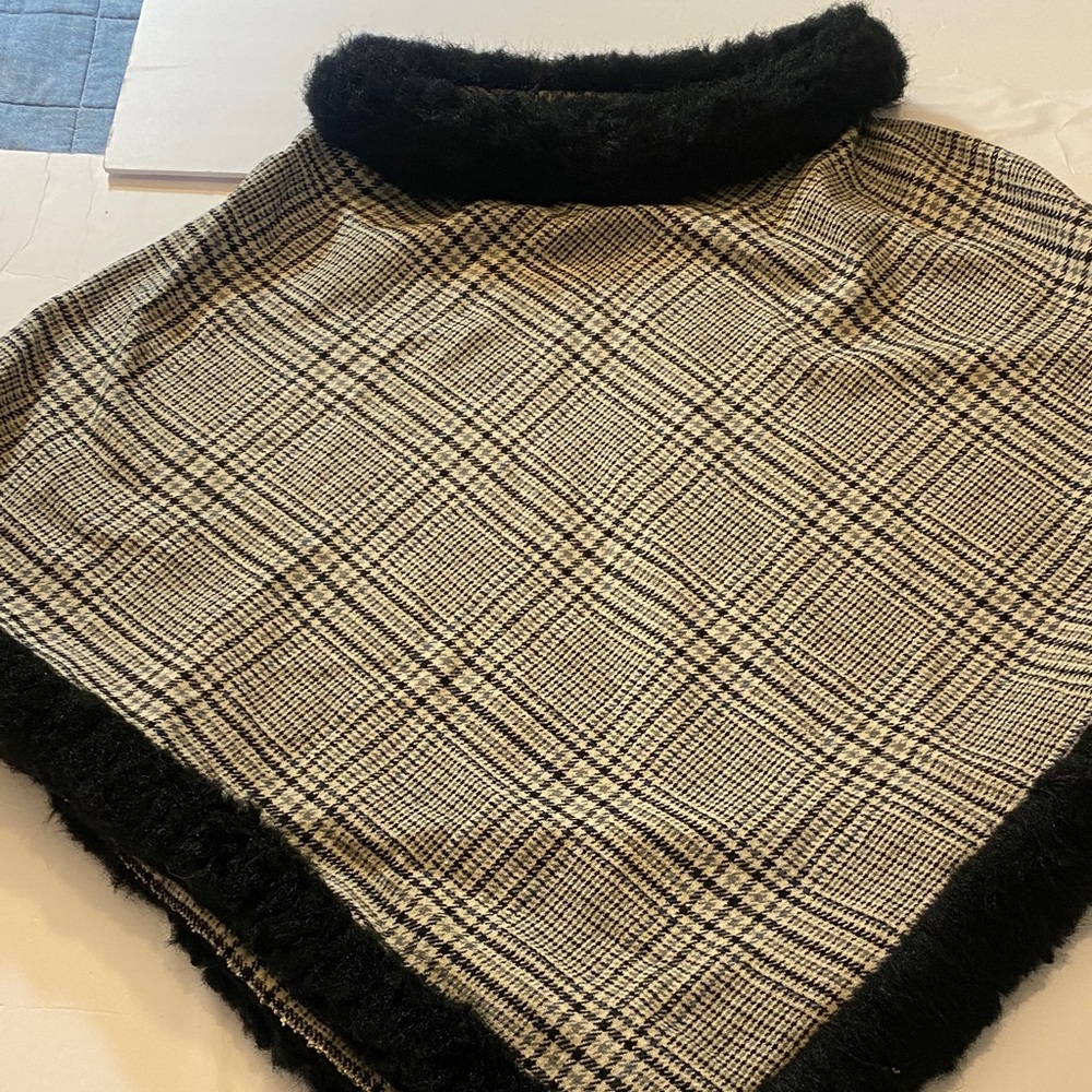 Cherie Bliss Plaid Poncho with Black Faux Fur Trim